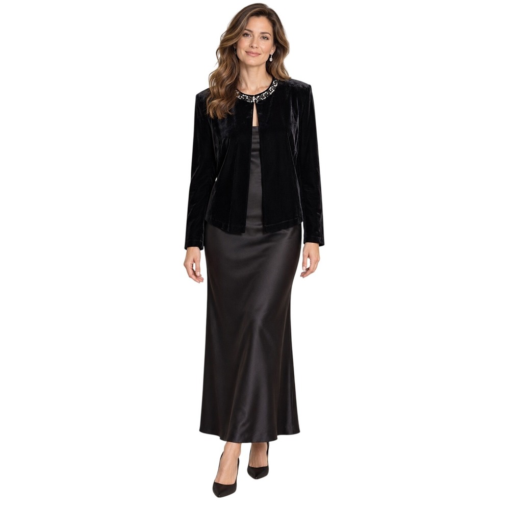 Vtg CACHET Beaded Black Velvet Open Jacket Cardigan Formal Cocktail Topper 16